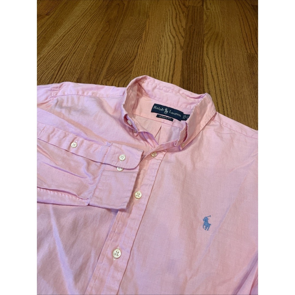 Ralph Lauren Men's Classic Fit Shirt Pink 100% Cotton Pony Size 17 32/33